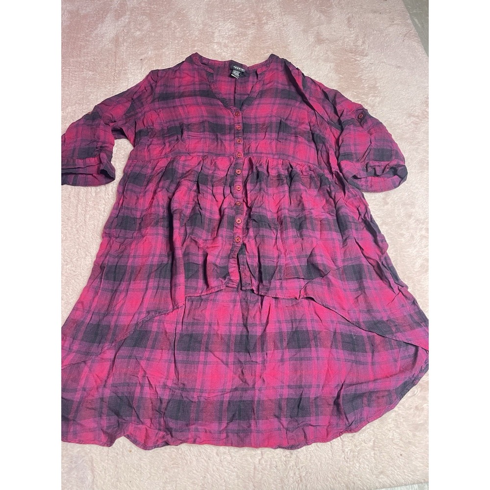 3 Torrid Red Plaid 2in1 Button Front V Neck Tab Slv Dress Size 2 Bin11